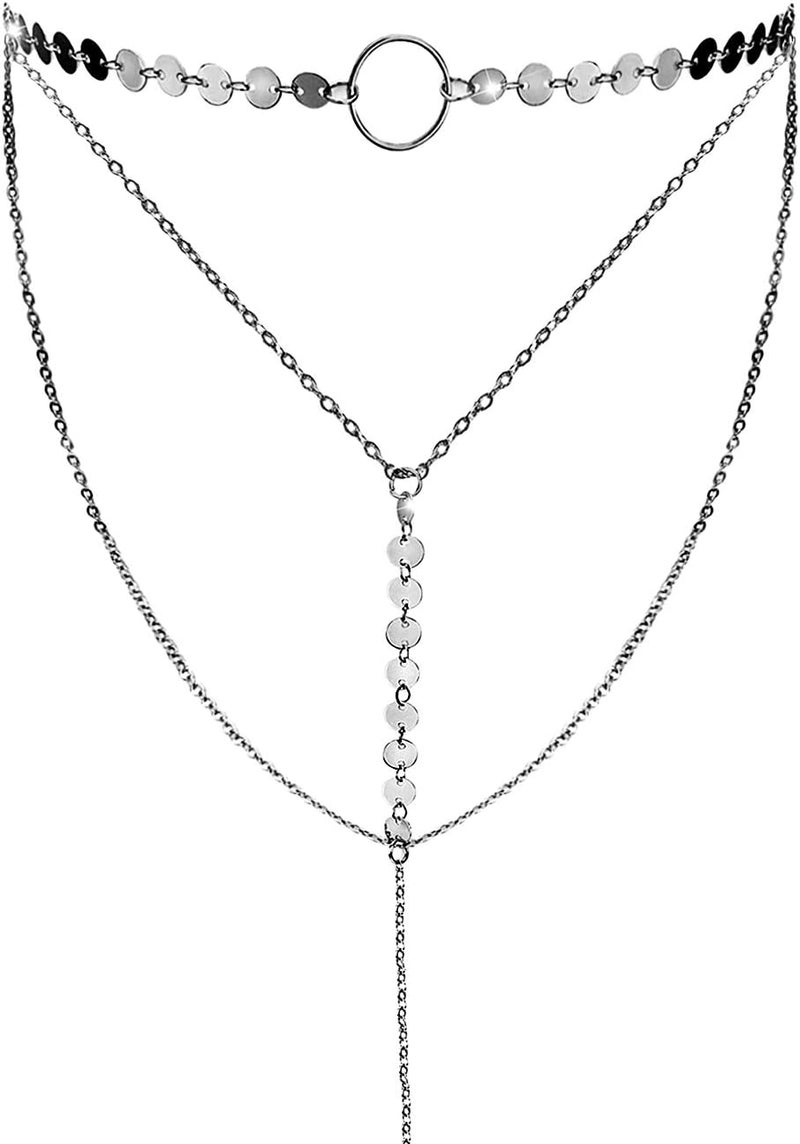 Suyi Stylish Layered Sequins Choker Necklace with Thin Long Chian Pendant for Women Lady - Image 1